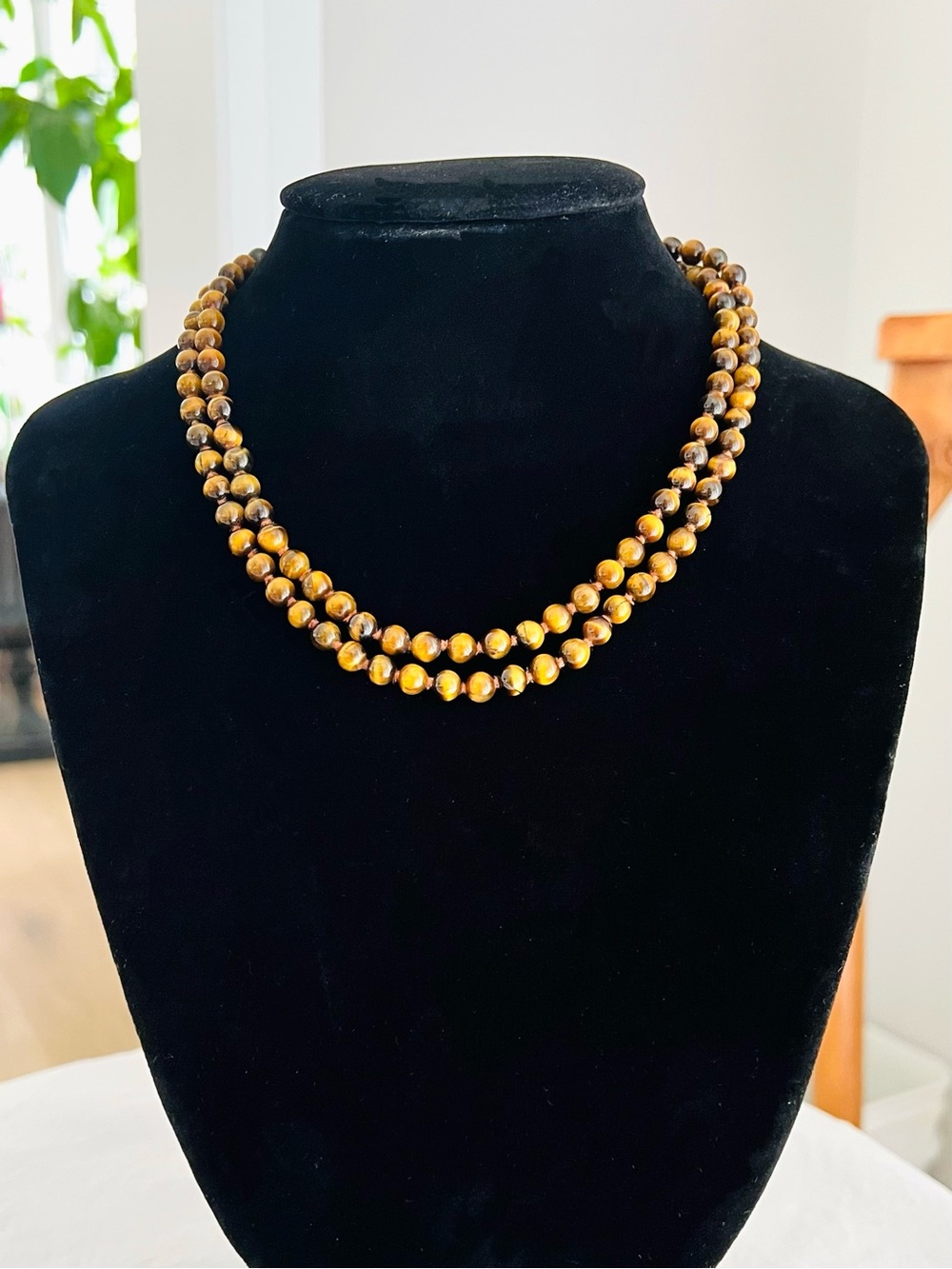Natural Tiger's Eye Hand-Knotted Long Bead Necklace - 32"